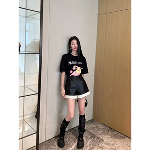 NancyCavally专柜款 环保人造PU皮 遮胯天花板撞色层次压褶微A短裤