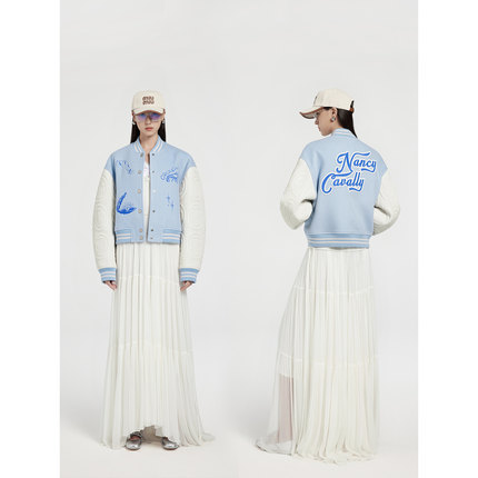 NancyCavally专柜款双重奢料羊绒/羊皮乱针刺绣海洋星空棒球夹克