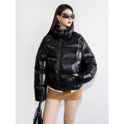 NancyCavally专柜款亮面轻盈95白鹅绒 花苞抽绳围脖领短款羽绒服