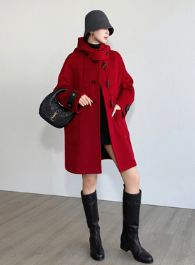 NancyCavally专柜款奢选高支羊毛/羊绒 牛角扣真皮袢带双面呢大衣