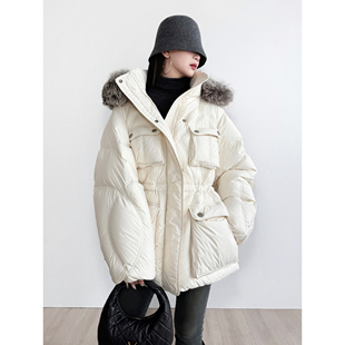 NancyCavally专柜款甄选奢暖95白鹅绒 菱形绗缝银狐大毛领羽绒服