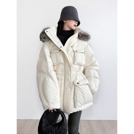 NancyCavally专柜款甄选奢暖95白鹅绒 菱形绗缝银狐大毛领羽绒服