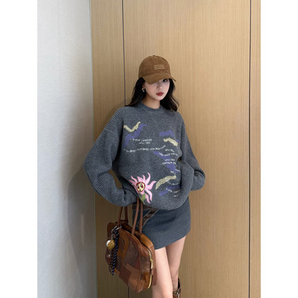 NancyCavally专柜款高品质纯羊毛 灵动艺术感向日葵刺绣针织毛衣