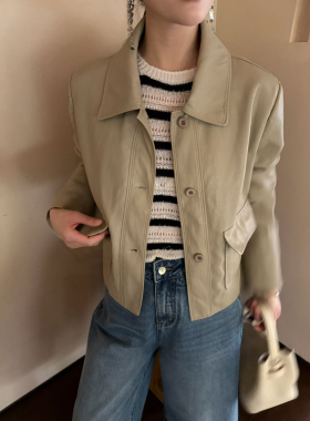 KMS 30805正品翻领短款小皮衣女2026春季小个子复古PU机车短外套