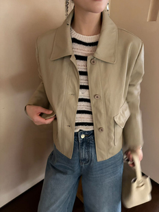 卡蔓kamanshi30805韩标翻领PU皮衣女2026春季小个子皮夹克短外套