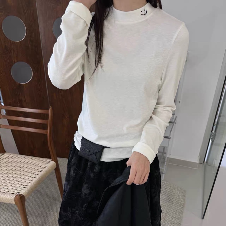 one12210半高领笑脸刺绣长袖T恤女秋冬季加绒百搭打底衫内搭上衣