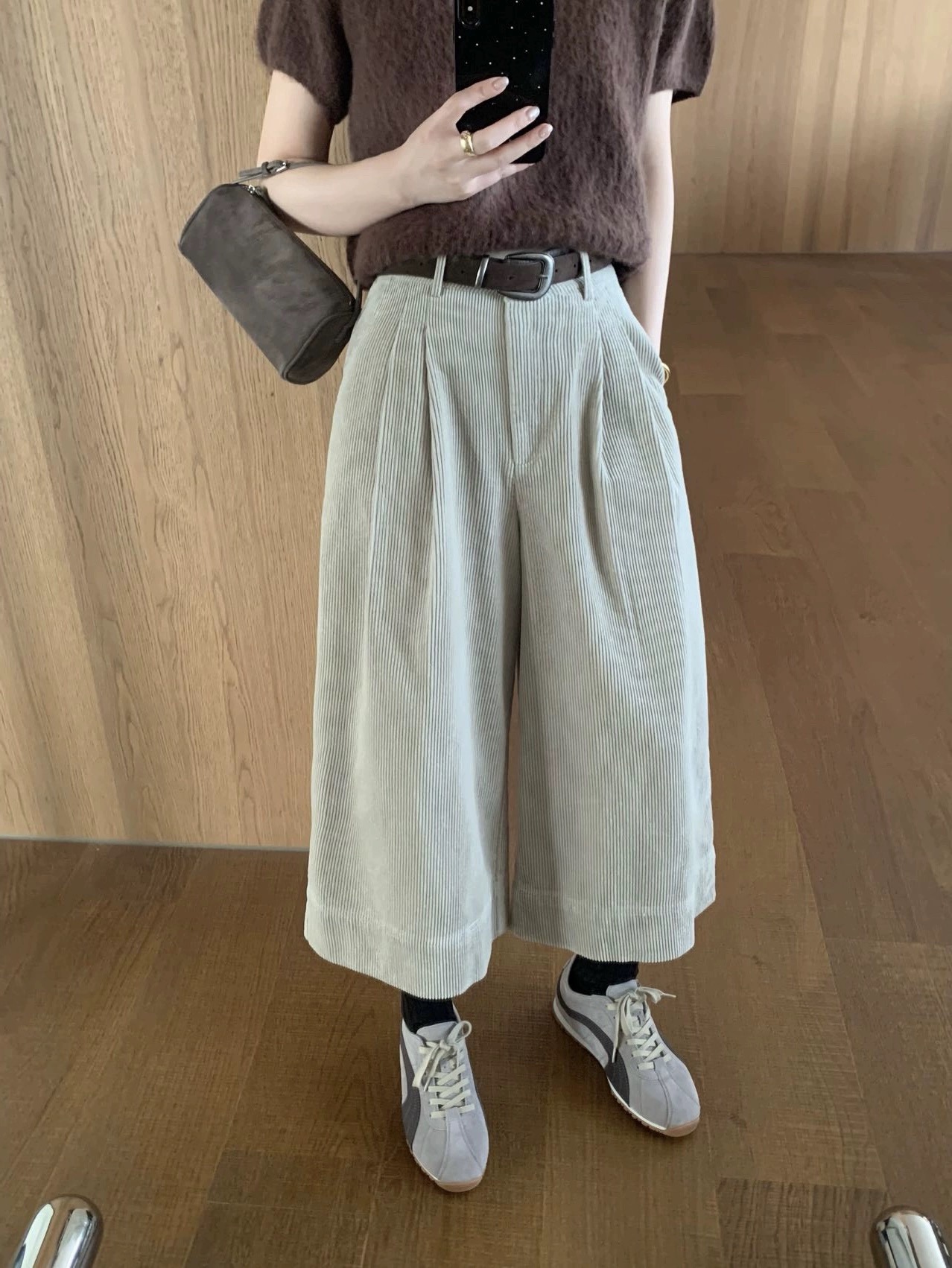 蒽茜enxi20588灯芯绒阔腿裤女秋季韩系高腰宽松显瘦小个子八分裤