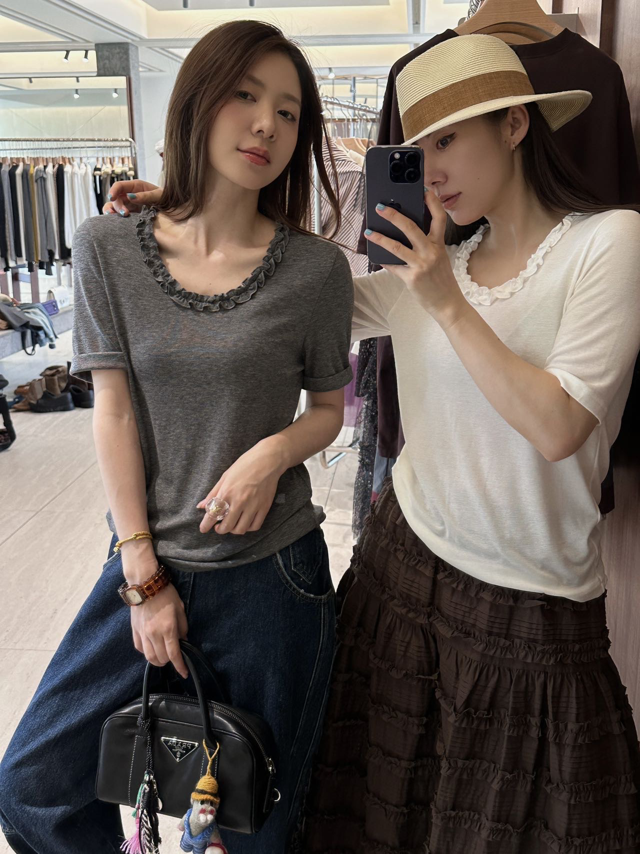 ONO11810早秋季新款2025木耳边拼接V领短袖韩版T恤女上衣one正品