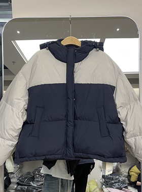 卡蔓诗6856正品连帽羽绒服女冬季拼色加厚短款90白鸭绒面包服外套