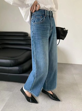 GM6813蓝色爱心牛仔裤女2025新款秋季四面弹直筒阔腿微喇叭九分裤