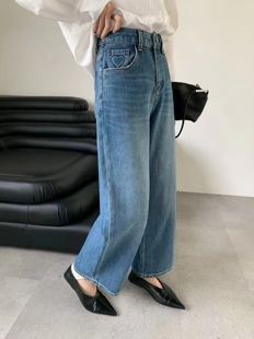 GM6813蓝色爱心牛仔裤女2025新款秋季四面弹直筒阔腿微喇叭九分裤