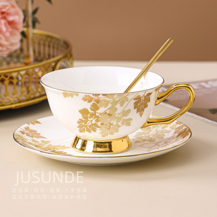 JuSunDe弗洛蕾 金色欧式骨瓷咖啡杯碟精致下午茶杯礼盒装伴手礼