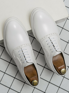 白色皮鞋男英伦布洛克商务正装休闲内增高6cm8尖头影楼拍照结婚鞋