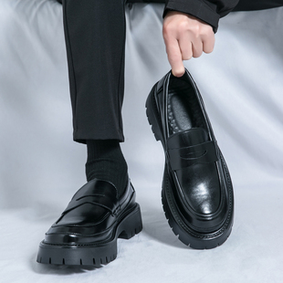 乐福鞋男厚底增高10CM英伦风圆头休闲皮鞋商务正装一脚蹬大头男鞋