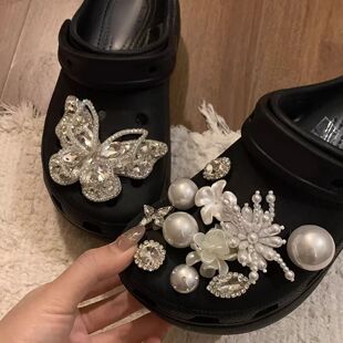 碎冰银蝶洞洞鞋花高级水钻蝴蝶星芒珍珠鞋配饰diy可拆卸芭蕾鞋扣