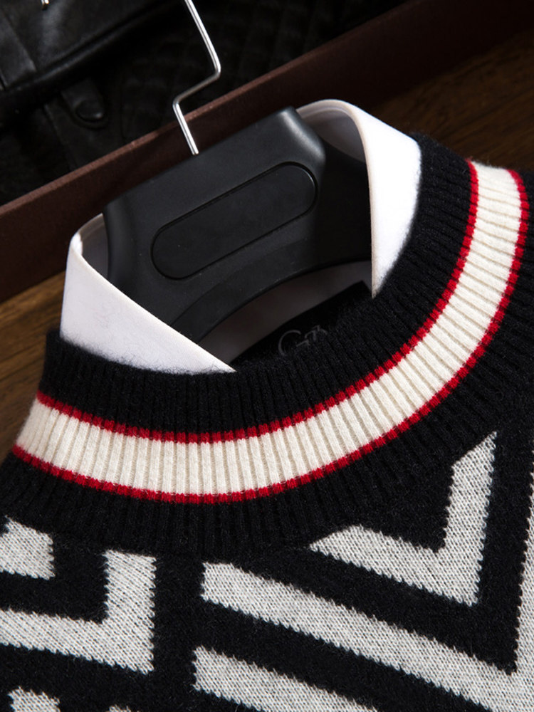 AUTUMN WINTER THICKENED MID NECK CASHMERE SWEATER MENS 100% PURE CASHMERE SEMI HIGH NECK DIAMOND PATTERN CONTRAST MENS YOUTH SWEATER