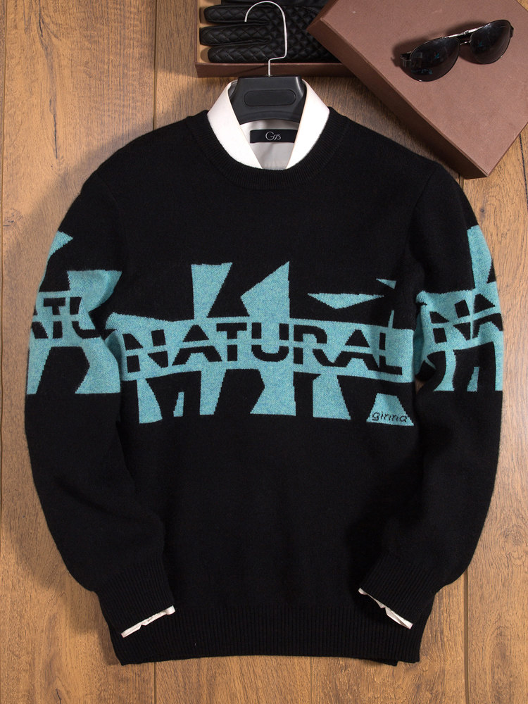 남성용 레터 자카드 순수 캐시미어 스웨터 두꺼운 라운드 넥 가을 겨울 청소년 100 순수 캐시미어 니트 남성용 스웨터