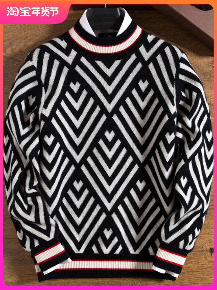 AUTUMN WINTER THICKENED MID NECK CASHMERE SWEATER MENS 100% PURE CASHMERE SEMI HIGH NECK DIAMOND PATTERN CONTRAST MENS YOUTH SWEATER