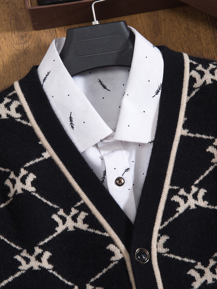 캐시미어 스웨터 남성 100 순수 캐시미어 카디건 브이넥 두꺼운 대비 자카드 비즈니스 캐주얼 고급 남성 니트 재킷