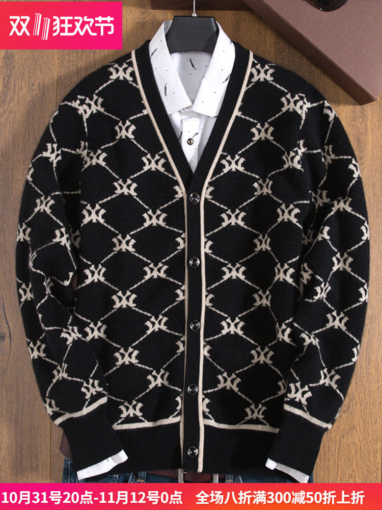 캐시미어 스웨터 남성 100 순수 캐시미어 카디건 브이넥 두꺼운 대비 자카드 비즈니스 캐주얼 고급 남성 니트 재킷