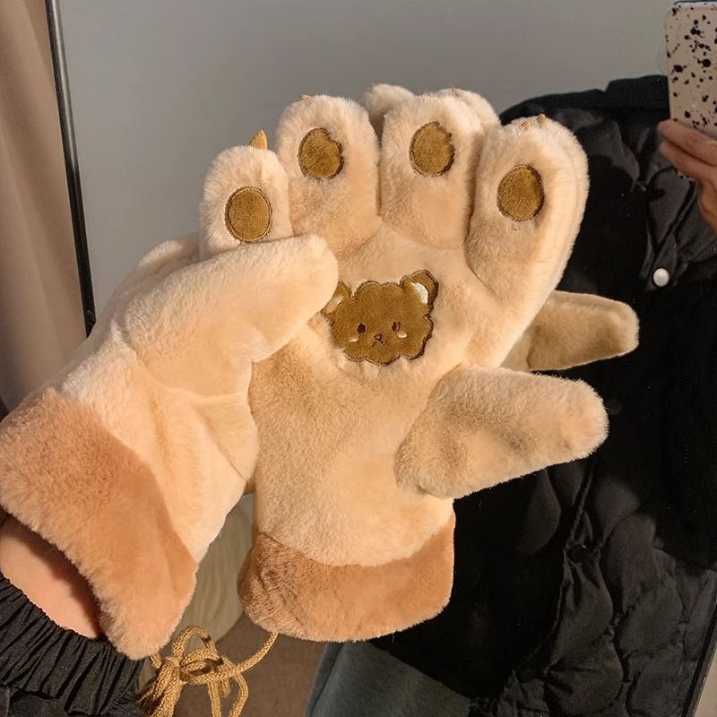 卡通可爱保暖熊掌猫爪毛绒手套学手套