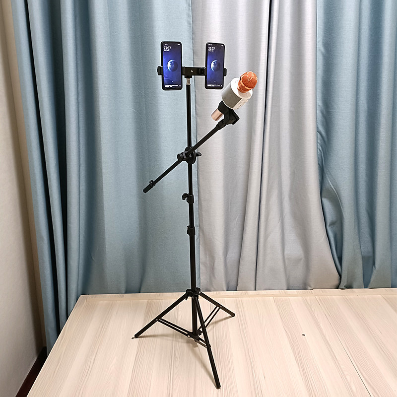 麦克风话筒支架带双手机位落地式金属三脚架户外主播直播唱歌麦架