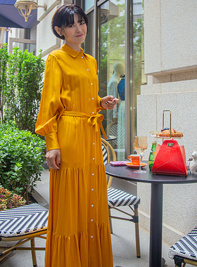 fiu购全球INES法式缎面醋酸衬衫裙 早秋高级氛围感年会亮黄色长裙