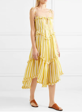 fiu购淡黄色棉麻条纹吊带度假大摆连衣裙 海边褶皱蝴蝶结蛋糕长裙