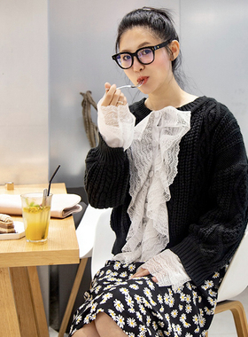 FIU购节日复古名媛粗毛线手工针织开衫 蕾丝黑色氛围感约会毛衣女