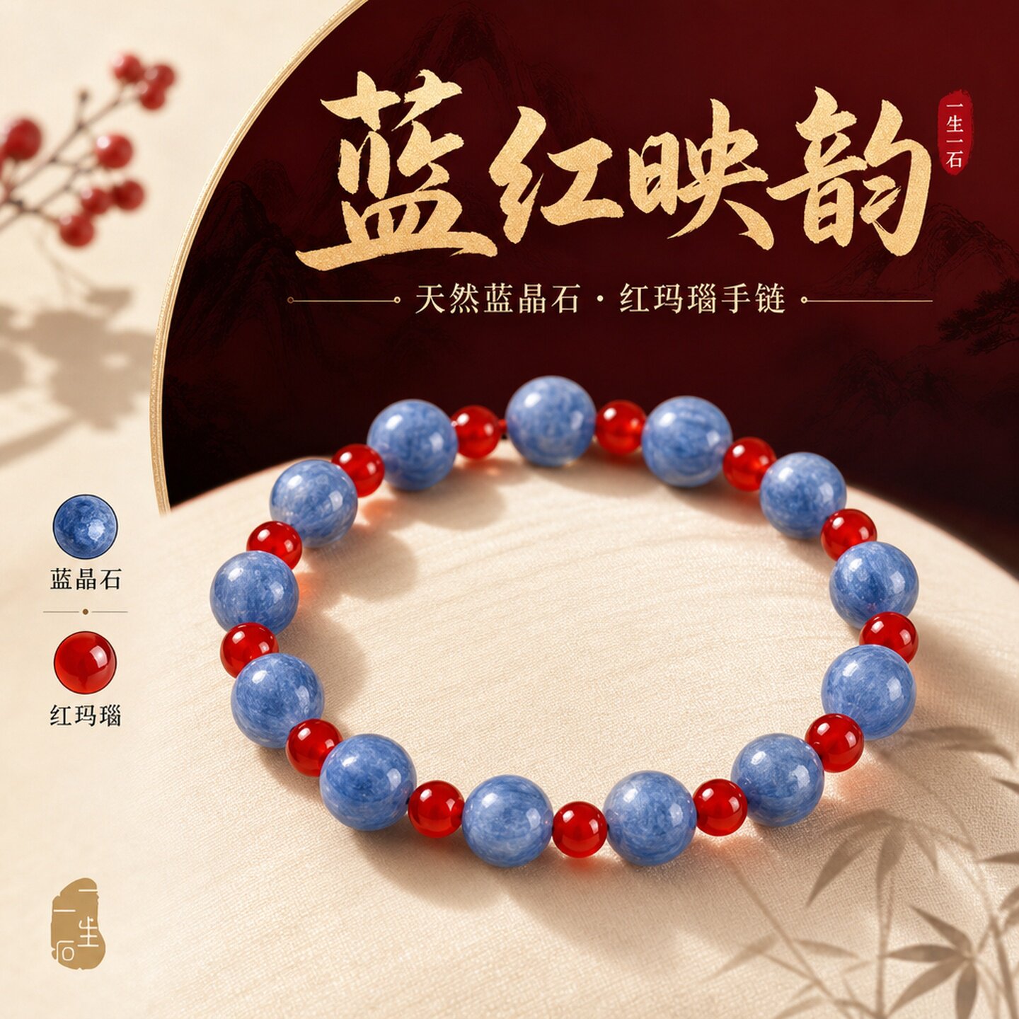 天然蓝晶石红玛瑙补水手链女款