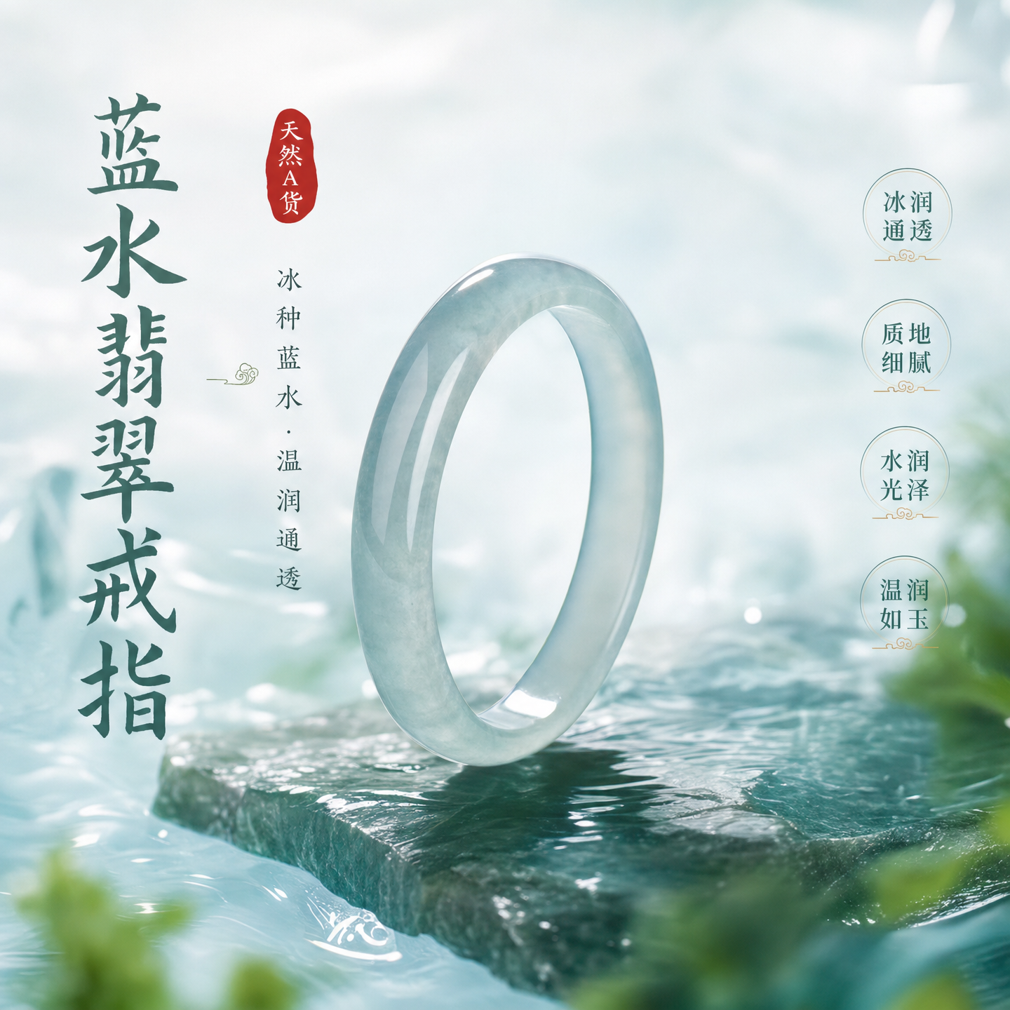 冰种蓝水翡翠戒指女款男素圈指环细天然A货玉戒尾戒小指情侣对戒