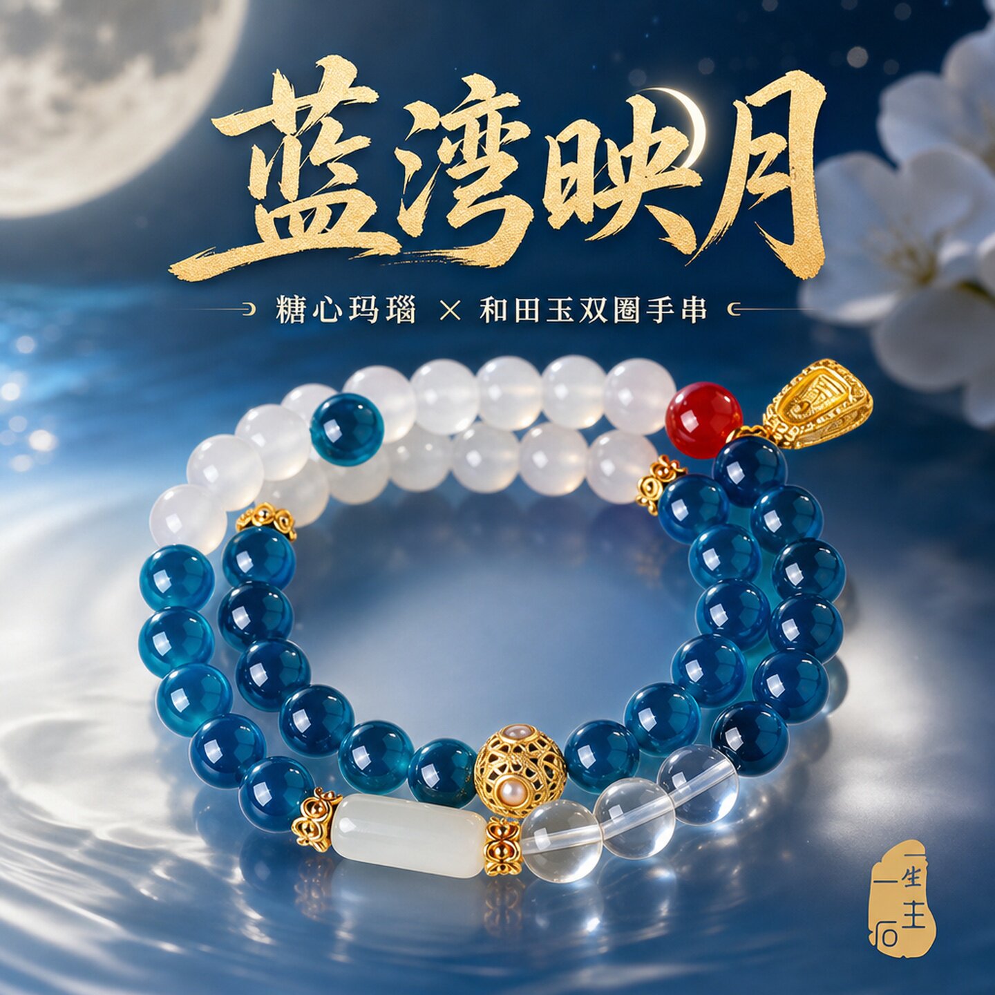蓝湾映月糖心玛瑙和田玉双圈手串