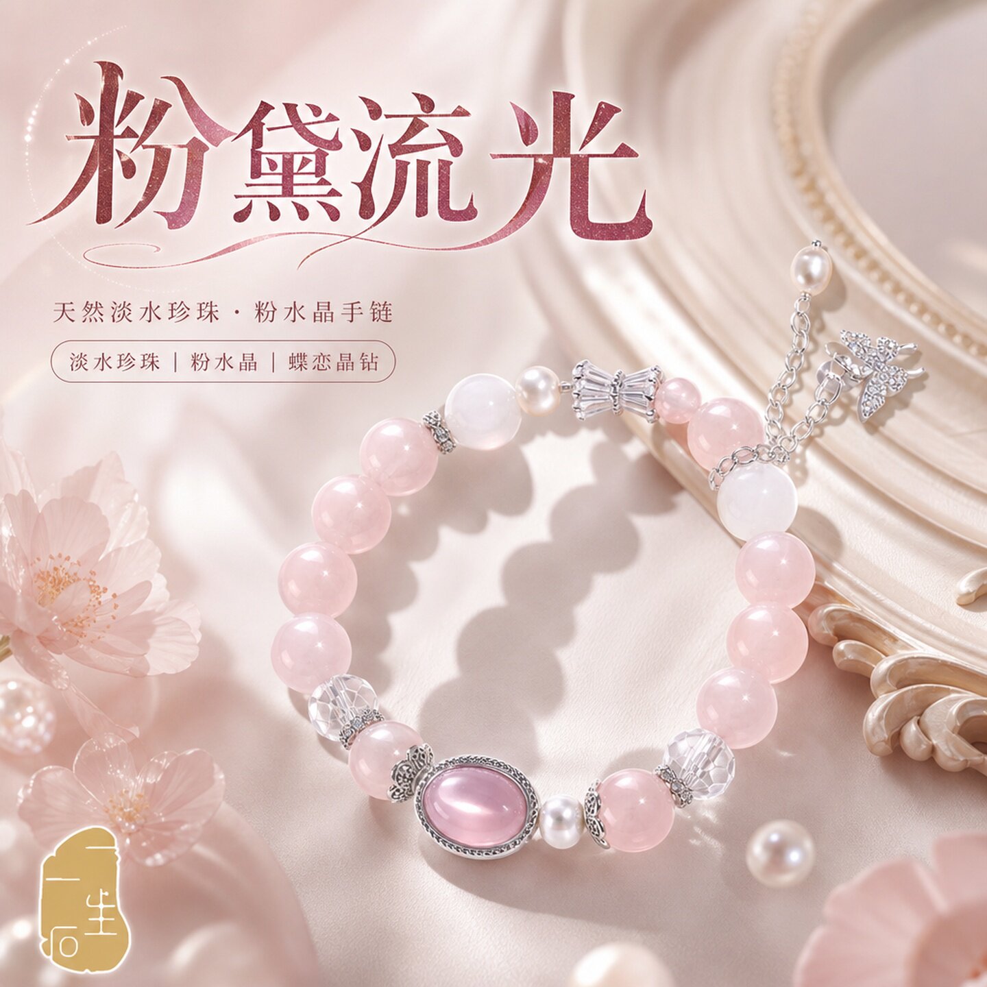 粉黛流光粉水晶珍珠蝴蝶结手链