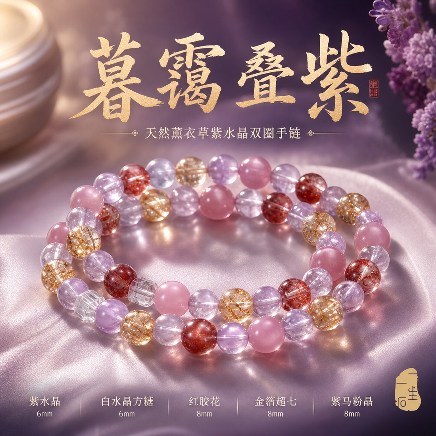 粉紫星河天然紫水晶金箔超七双圈多宝手串天然水晶手链