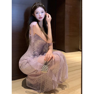 法式 包臀长裙礼服 气质超好看高级亮片紫色吊带连衣裙漂亮独特修身