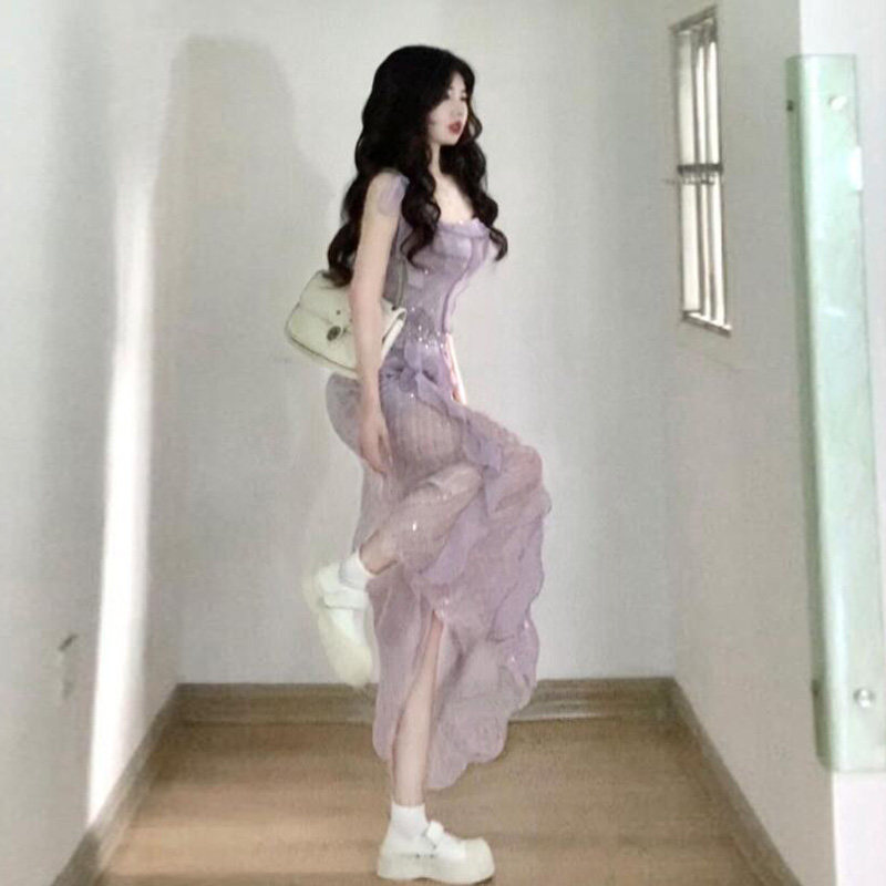 法式高级感超好看仙气质紫色吊带连衣裙超仙女夏季独特绝美小裙子