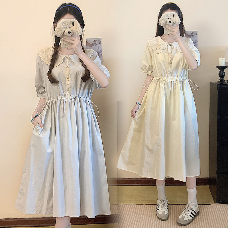 甜美娃娃领收腰连衣裙大童少女夏初中高中学生小个子时尚休闲裙子