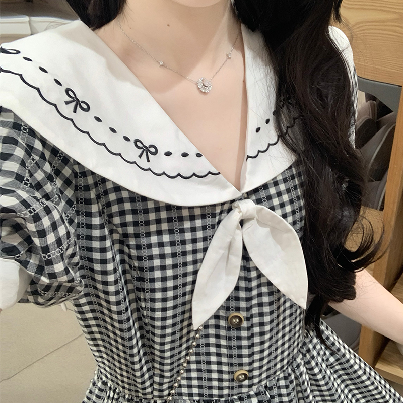 少女学院风蝴蝶结娃娃领连衣裙2025夏装新款初高中学生格纹长裙子