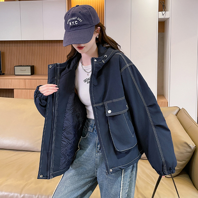 夹棉加厚冲锋衣外套女秋冬2025新款初高中学生宽松小个子工装棉服