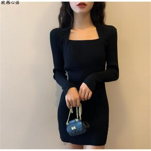 黑色方领打底衫女内搭紧身显瘦洋气毛衣秋冬款针织连衣裙包臀裙子