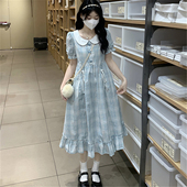 少女大童甜美娃娃领连衣裙2025夏装 新款 初高中学生蝴蝶结格子长裙