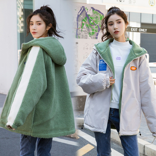 加绒加厚工装棉衣服女冬季学生韩版宽松大码连帽羊羔毛两面穿外套