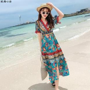 波西米亚碎花长裙连衣裙显白2025夏天新款 仙女三亚度假雪纺沙滩裙