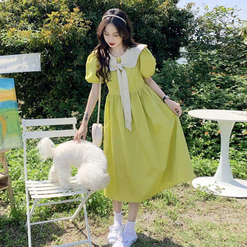 小清新甜美连衣裙少女夏装2025新款初中高中学生收腰海军领长裙子