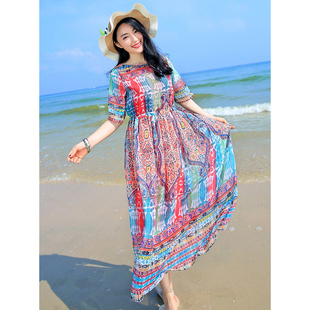 波西米亚大码 连衣裙宽松长裙 大摆夏雪纺显瘦海边度假沙滩裙中袖