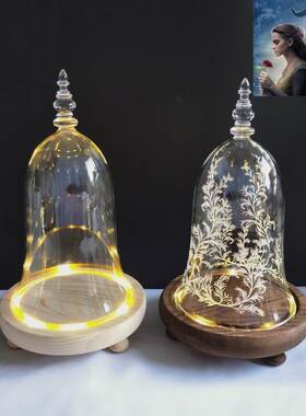 包邮小王子美女与野兽玫瑰花永生花印花玻璃防尘罩创意送女友摆件