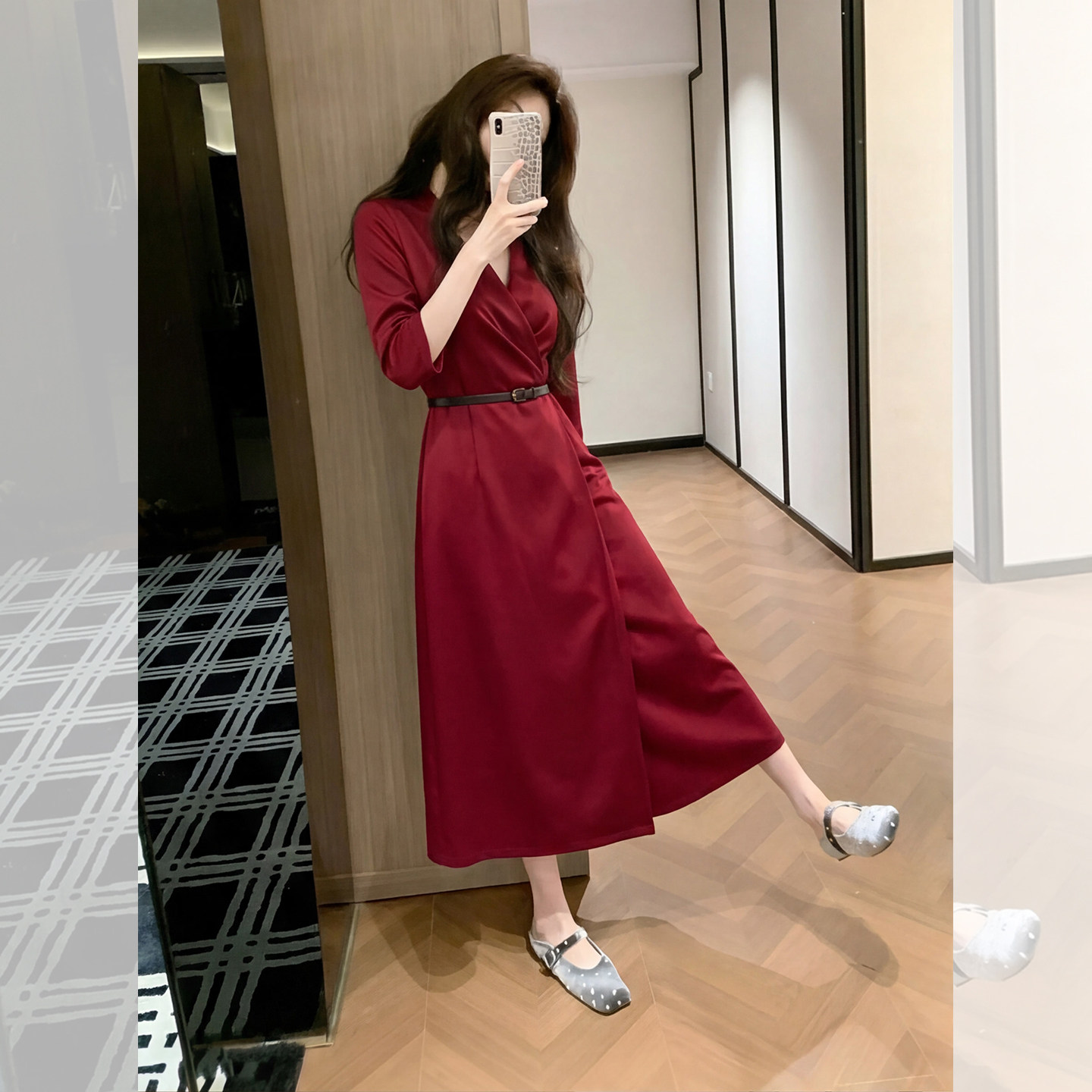 奢华夏季新款欧货港风显瘦收腰超好看气质职业装红色长袖连衣裙女