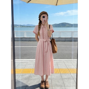 奢华2026夏季新款韩版温柔系小个子穿搭系带显瘦粉色衬衫连衣裙女