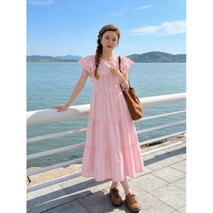 奢华2026夏季新款韩版小个子穿搭慵懒宽松显瘦休闲条纹粉色连衣裙