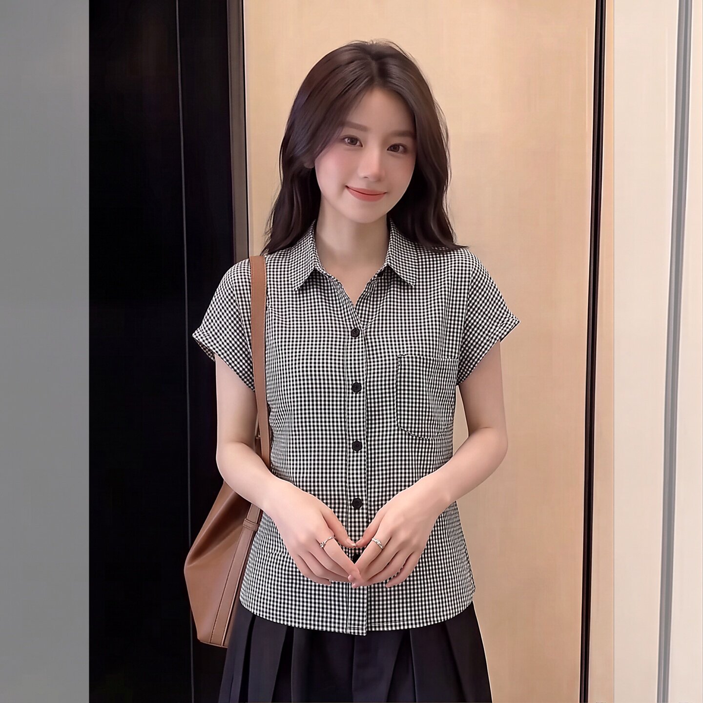 通勤风格子短袖衬衫女高级感气质